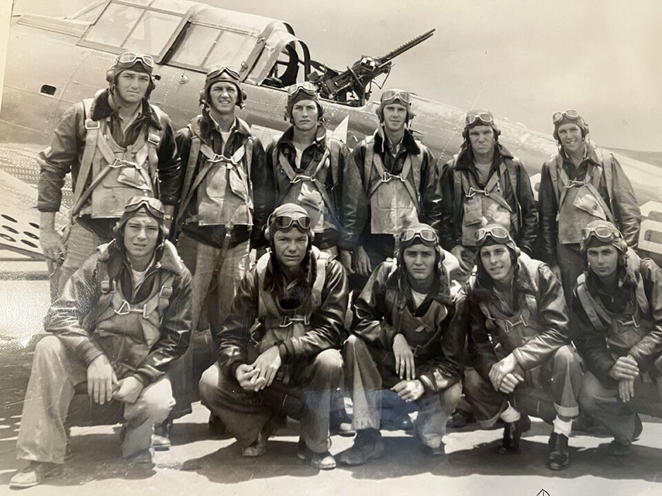 Russell Bliese shown with his US Navy SBD dive bomber squadron during World war II