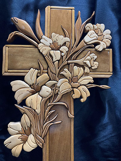 Hand carver wooden cross by woodworker Rod Sanders