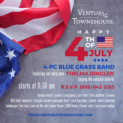 Ventura Townehouse 4th of July invitation over an American flag backfround