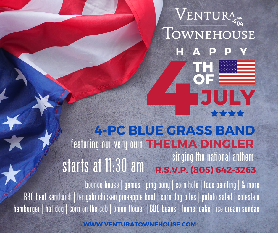 Ventura Townehouse 4th of July invitation over an American flag backfround
