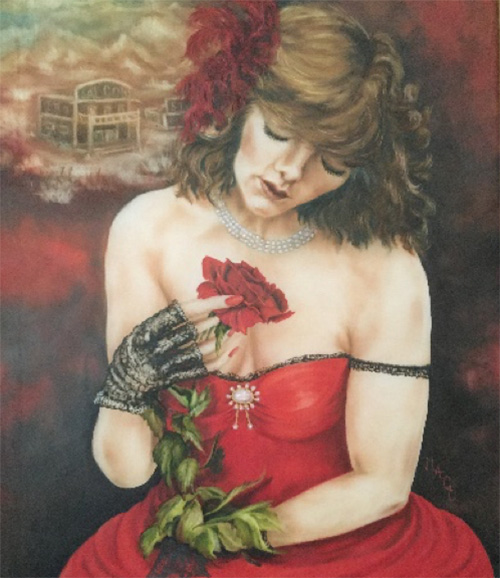 Carole Morris painting of a lady in a red dress