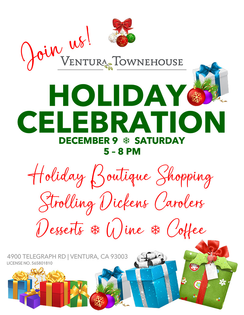 Holiday Celebration flyer with details and illustrations of holiday presents